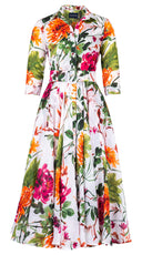 Aster Dress Shirt Collar 3/4 Sleeve Midi Plus Length Cotton Musola (Oriental Flower Ombre)