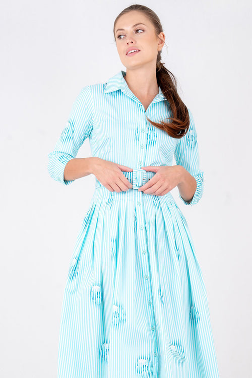 Audrey Dress #2 Shirt Collar 3/4 Sleeve Long Length Cotton Stretch (Oxford Stripe Small)