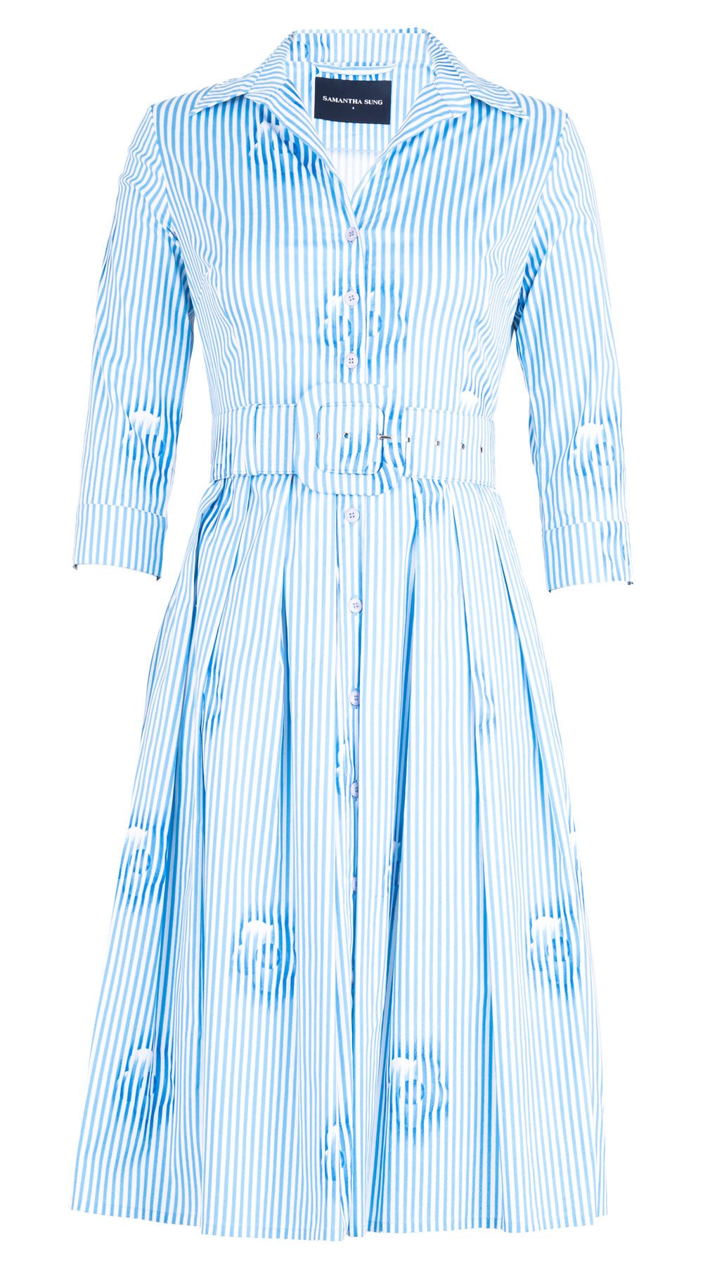 Audrey Dress #1 Shirt Collar 3/4 Sleeve Long Length Cotton Stretch (Oxford Stripe) @10