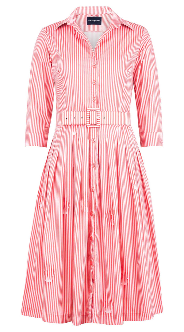 Audrey Dress #2 Shirt Collar 3/4 Sleeve Long Length Cotton Stretch (Oxford Stripe Small)