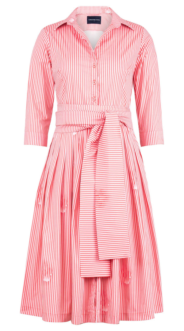 Audrey Dress #2 Shirt Collar 3/4 Sleeve Long Length Cotton Stretch (Oxford Stripe Small)