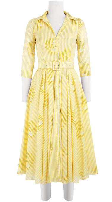 Vivien Dress Shirt Collar 3/4 Sleeve Midi Length Cotton Musola (Oxford Stripe)
