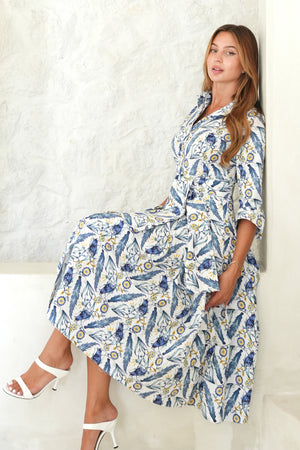 Abito Audrey n. 2, collo a camicia, maniche a 3/4, lunghezza midi, in cotone elasticizzato (Oxford Vintage)