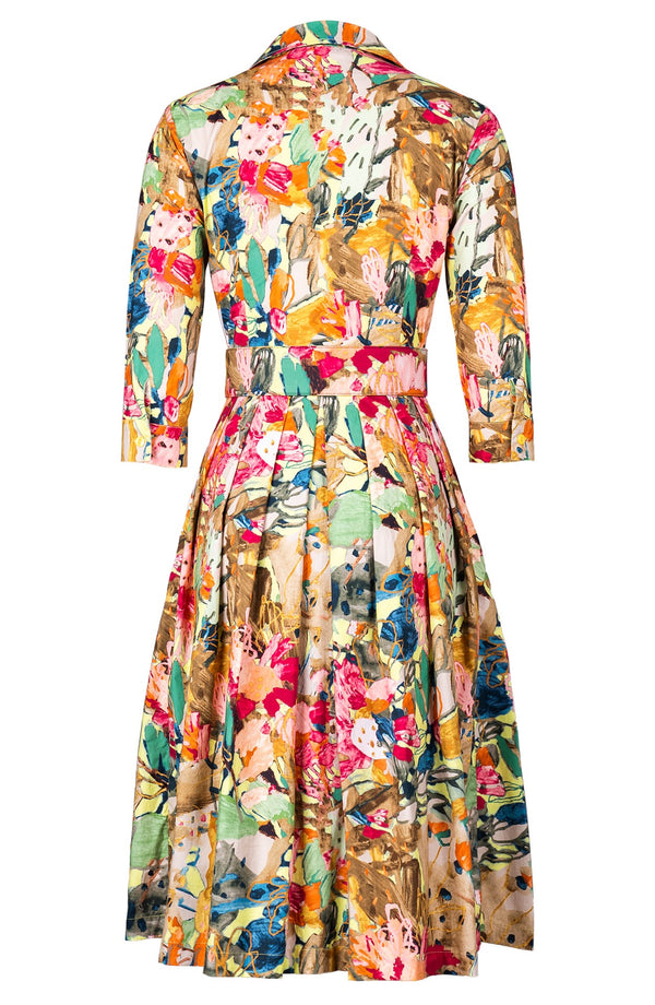 Audrey Dress #1 Shirt Collar 3/4 Sleeve Long Length Cotton Stretch (Pablo Oil Painting)