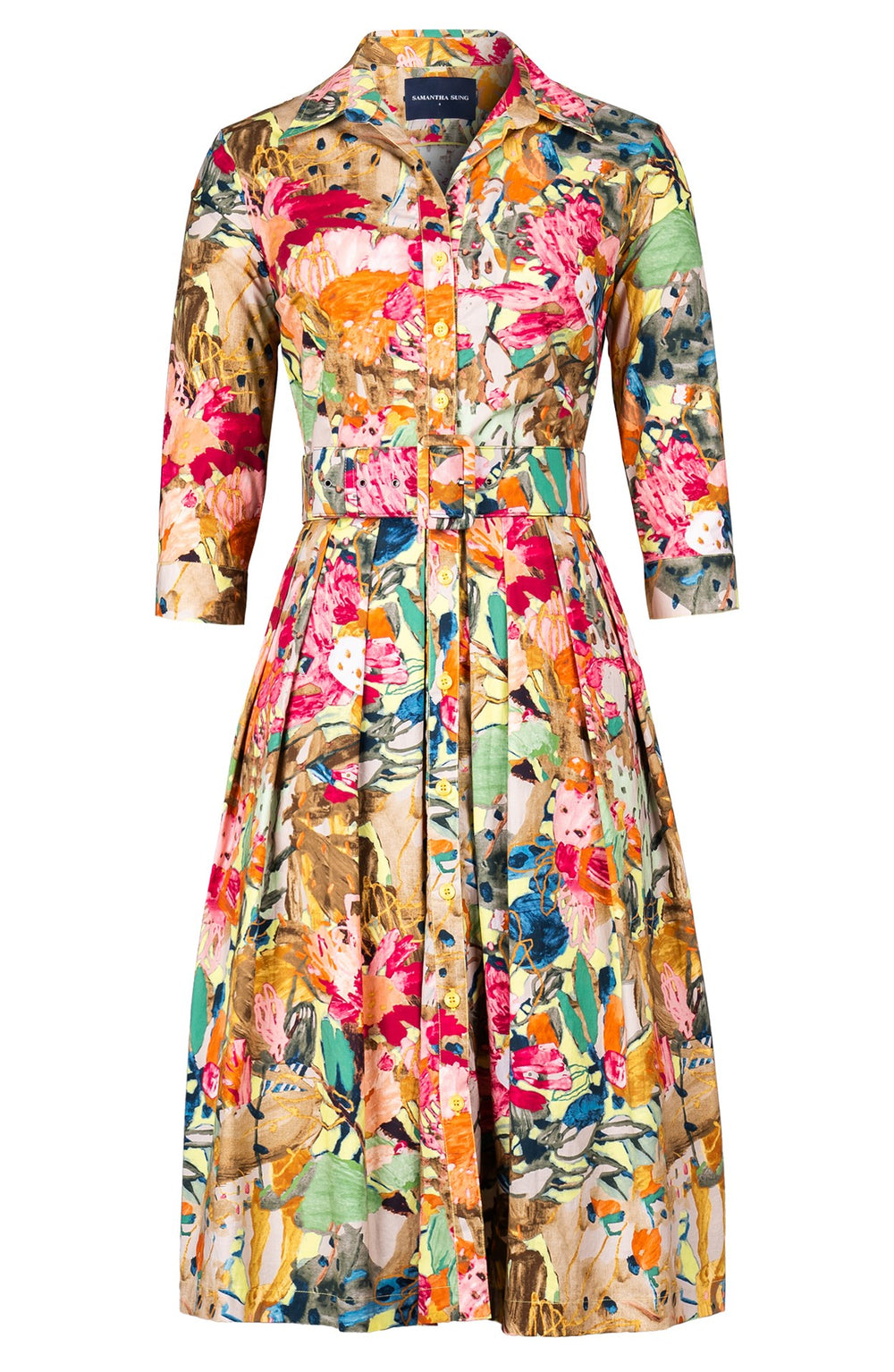 Audrey Dress #1 Shirt Collar 3/4 Sleeve Long Length Cotton Stretch (Pablo Oil Painting)