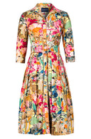Audrey Dress #1 Shirt Collar 3/4 Sleeve Long Length Cotton Stretch (Pablo Oil Painting)