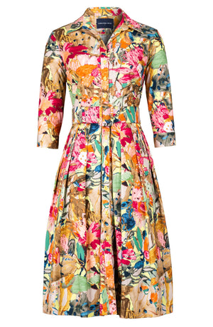 Audrey Dress #1 Shirt Collar 3/4 Sleeve Long Length Cotton Stretch (Pablo Oil Painting)