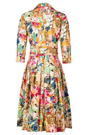 Audrey Dress #1 Shirt Collar 3/4 Sleeve Long Length Cotton Stretch (Pablo Oil Painting)