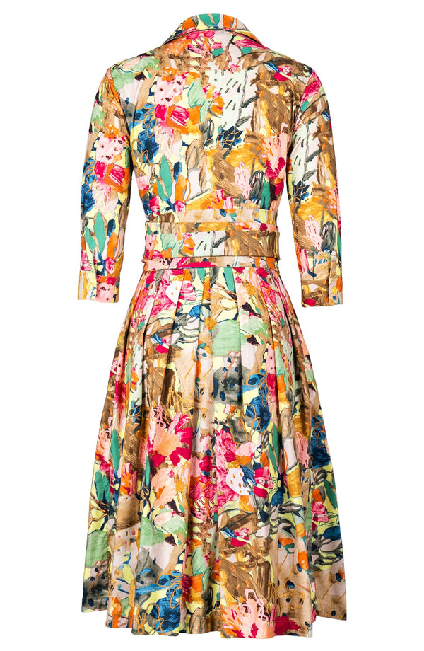 Audrey Dress #1 Shirt Collar 3/4 Sleeve Long Length Cotton Stretch (Pablo Oil Painting)