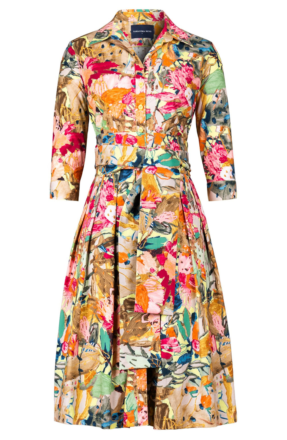 Audrey Dress #1 Shirt Collar 3/4 Sleeve Long Length Cotton Stretch (Pablo Oil Painting)