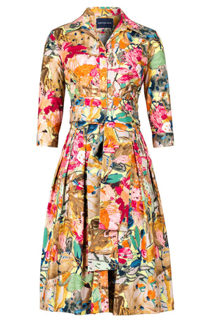Audrey Dress #1 Shirt Collar 3/4 Sleeve Long Length Cotton Stretch (Pablo Oil Painting)