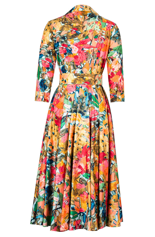 Aster Dress Shirt Collar 3/4 Sleeve Midi Length Poliamide Taffta (Pablo Oil Painting)