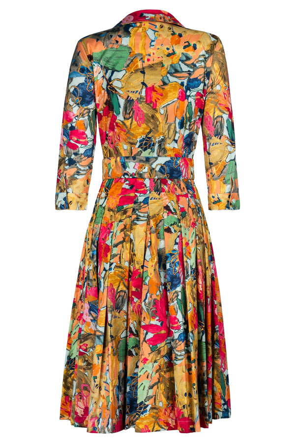 Audrey Dress #2 Shirt Collar 3/4 Sleeve Long Length Cotton Stretch (Pablo Oil Painting)