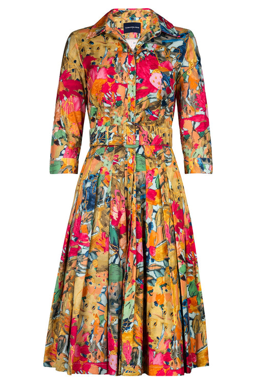 Audrey Dress #2 Shirt Collar 3/4 Sleeve Long Length Cotton Stretch (Pablo Oil Painting)