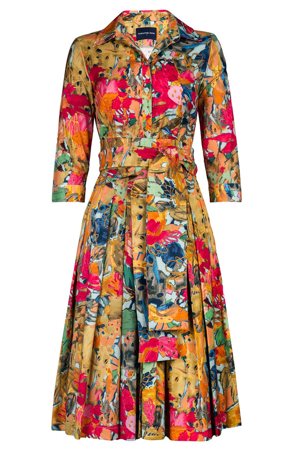 Audrey Dress #2 Shirt Collar 3/4 Sleeve Long Length Cotton Stretch (Pablo Oil Painting)