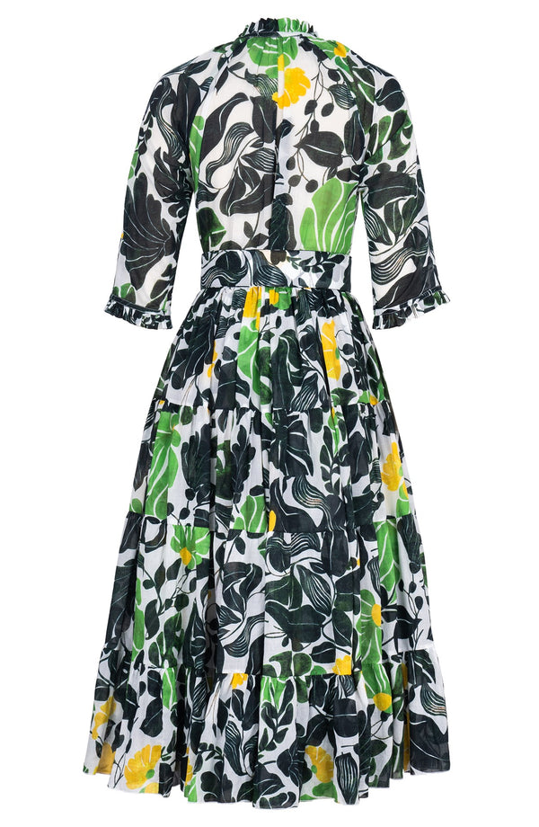 Eva Dress Crew Neck 3/4 Sleeve Midi Length Cotton Musola (Pacific Monster Leaves White)