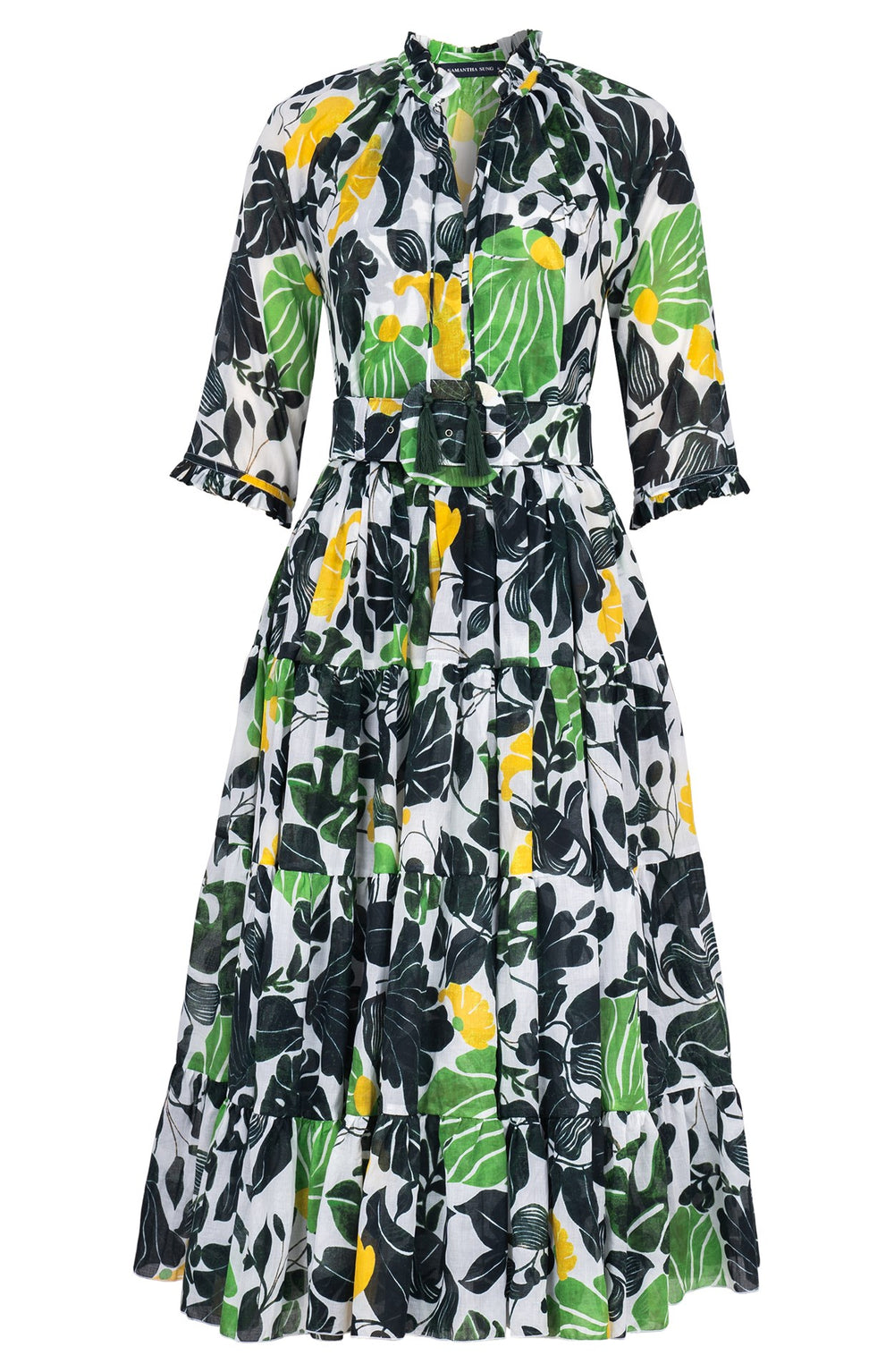 Eva Dress Crew Neck 3/4 Sleeve Midi Length Cotton Musola (Pacific Monster Leaves White)