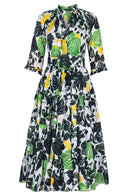 Eva Dress Crew Neck 3/4 Sleeve Midi Length Cotton Musola (Pacific Monster Leaves White)