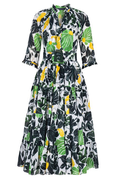 Eva Dress Crew Neck 3/4 Sleeve Midi Length Cotton Musola (Pacific Monster Leaves White)