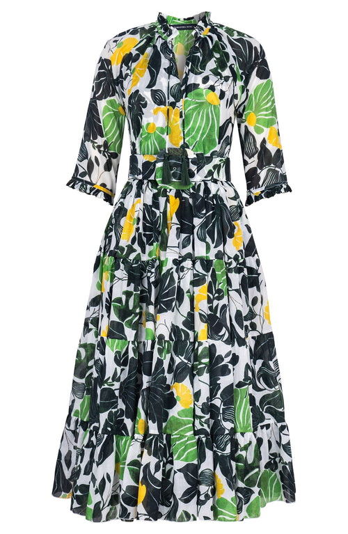 Eva Dress Crew Neck 3/4 Sleeve Midi Length Cotton Musola (Pacific Monster Leaves White)