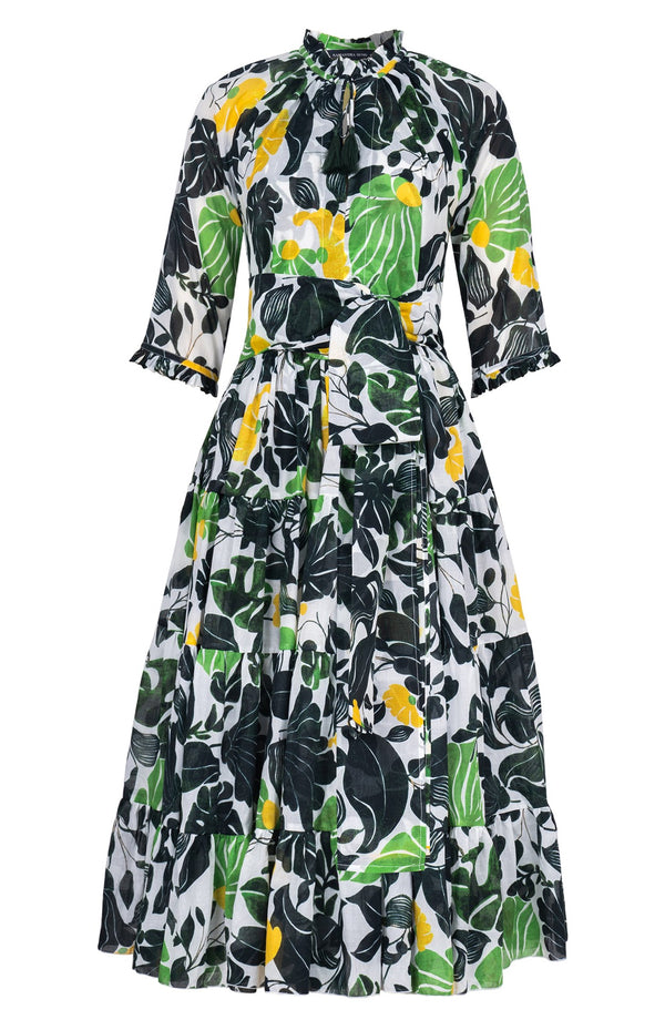 Eva Dress Crew Neck 3/4 Sleeve Midi Length Cotton Musola (Pacific Monster Leaves White)