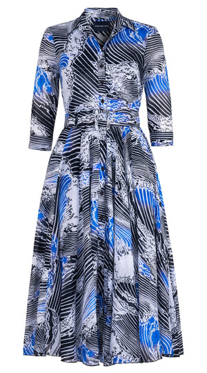 Aster Dress Shirt Collar 3/4 Sleeve Midi Length Cotton Musola (Pacific Wave)