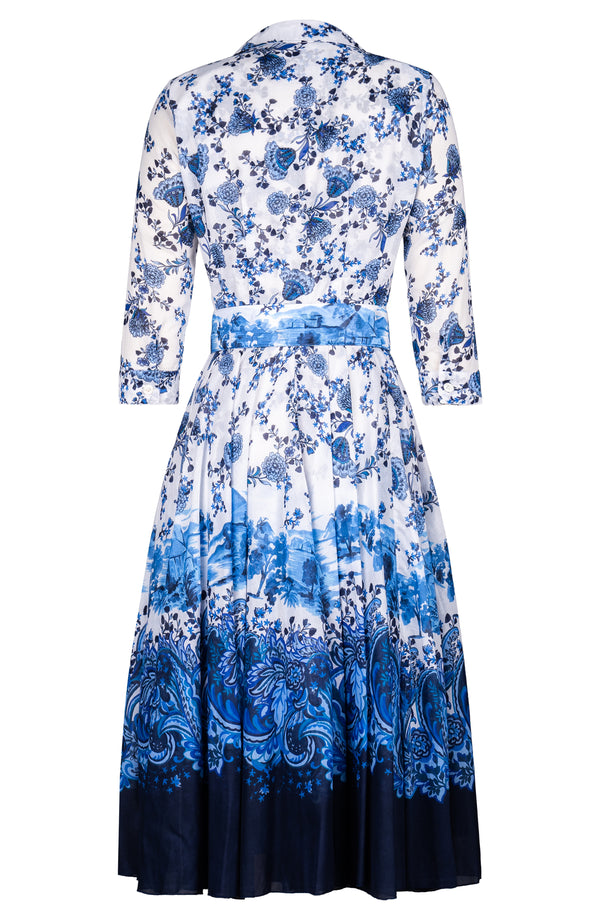 Aster Dress Shirt Collar 3/4 Sleeve Midi Length Cotton Musola (Paisley Estate)