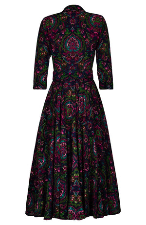 Aster Dress Shirt Collar 3/4 Sleeve Midi Plus Length Wool (Pakistan Batik) - Indigo Pink