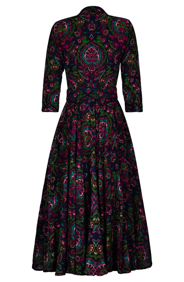 Aster Dress Shirt Collar 3/4 Sleeve Midi Plus Length Wool (Pakistan Batik) - Indigo Pink