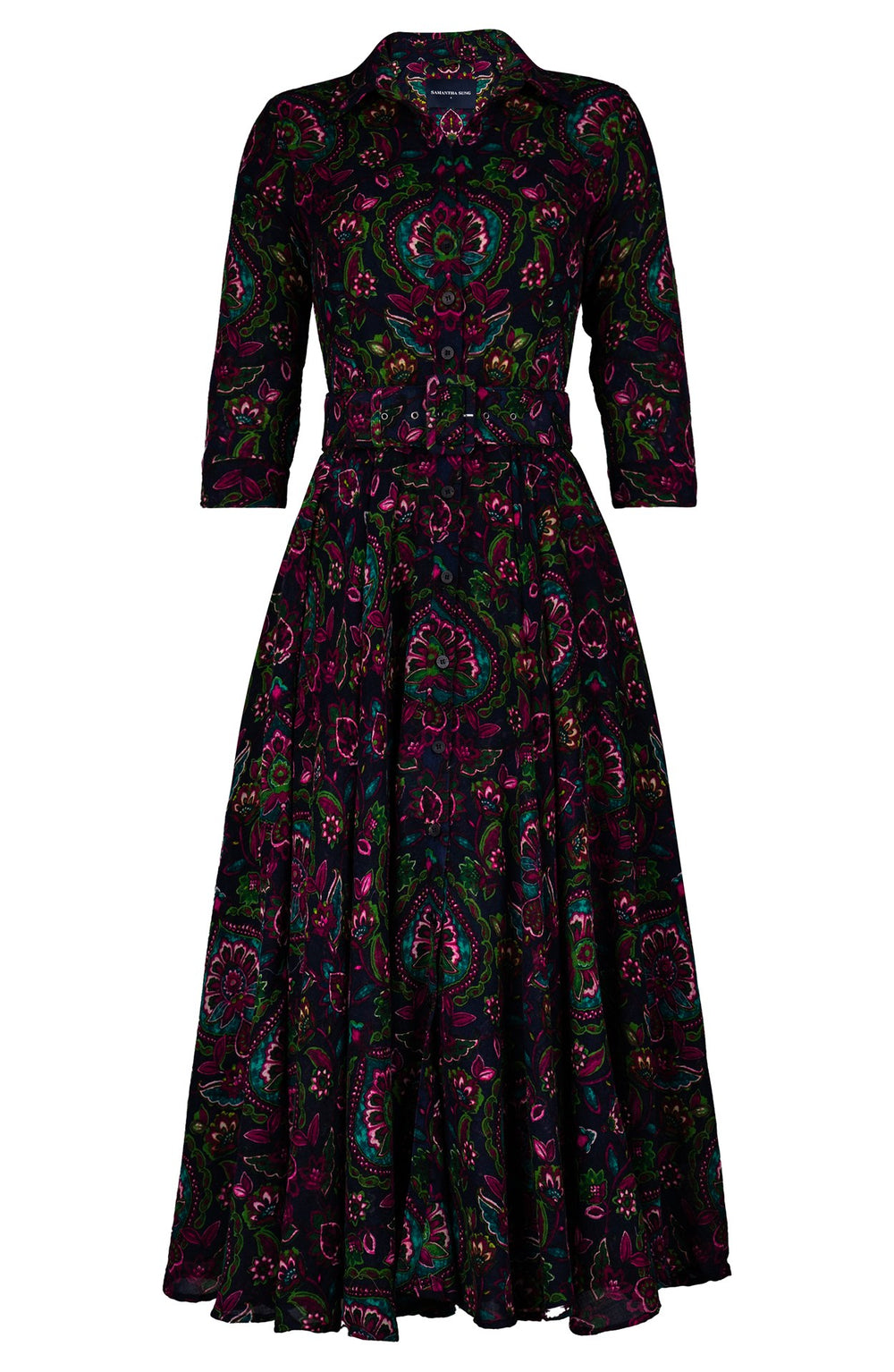 Aster Dress Shirt Collar 3/4 Sleeve Midi Plus Length Wool (Pakistan Batik) - Indigo Pink