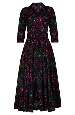 Aster Dress Shirt Collar 3/4 Sleeve Midi Plus Length Wool (Pakistan Batik) - Indigo Pink