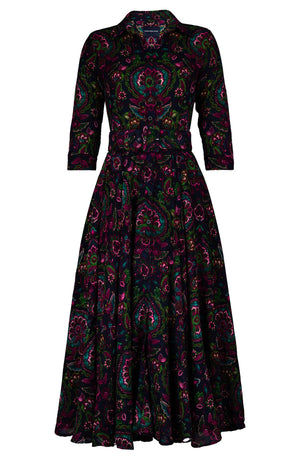 Aster Dress Shirt Collar 3/4 Sleeve Midi Plus Length Wool (Pakistan Batik) - Indigo Pink