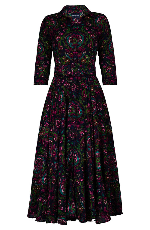 Aster Dress Shirt Collar 3/4 Sleeve Midi Plus Length Wool (Pakistan Batik) - Indigo Pink