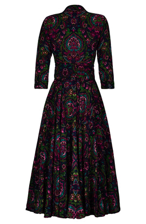 Aster Dress Shirt Collar 3/4 Sleeve Midi Plus Length Wool (Pakistan Batik) - Indigo Pink