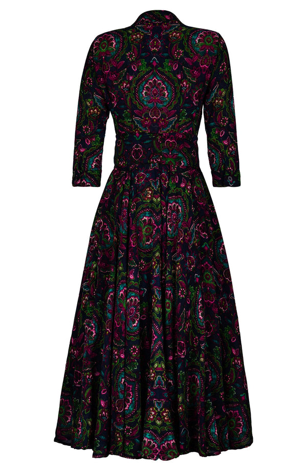 Aster Dress Shirt Collar 3/4 Sleeve Midi Plus Length Wool (Pakistan Batik) - Indigo Pink