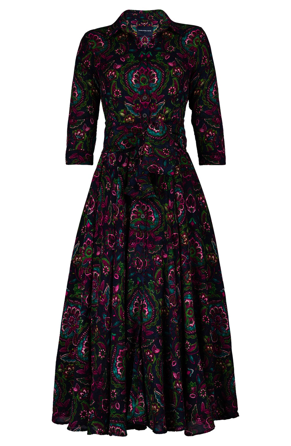 Aster Dress Shirt Collar 3/4 Sleeve Midi Plus Length Wool (Pakistan Batik) - Indigo Pink