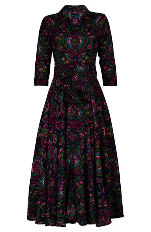 Aster Dress Shirt Collar 3/4 Sleeve Midi Plus Length Wool (Pakistan Batik) - Indigo Pink