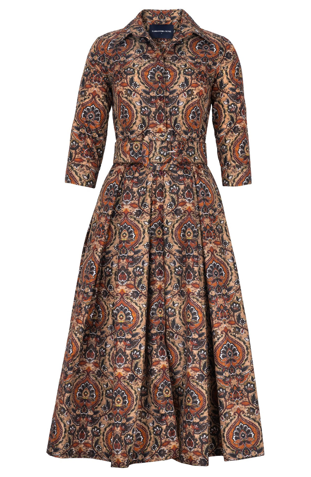 Audrey Dress #7 Shirt Collar 3/4 Sleeve Midi Plus Length Poliamide Taffta (Pakistan Batik)