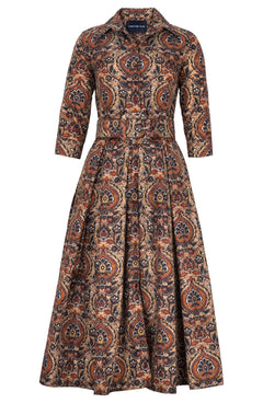 Audrey Dress #7 Shirt Collar 3/4 Sleeve Midi Plus Length Poliamide Taffta (Pakistan Batik)