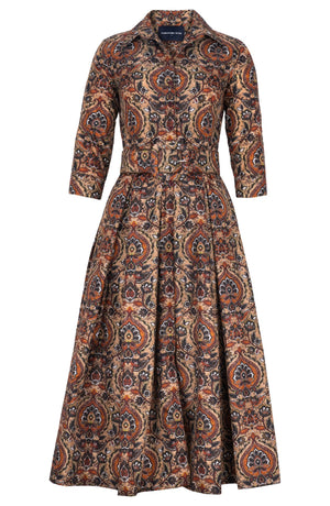 Audrey Dress #7 Shirt Collar 3/4 Sleeve Midi Plus Length Poliamide Taffta (Pakistan Batik)