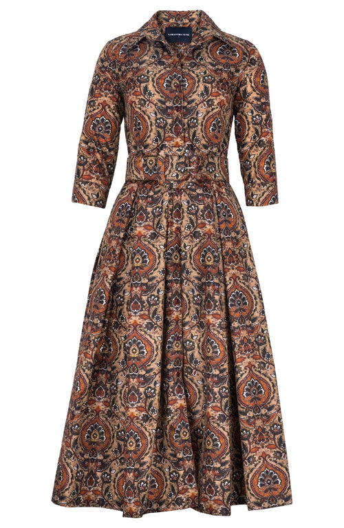 Audrey Dress #7 Shirt Collar 3/4 Sleeve Midi Plus Length Poliamide Taffta (Pakistan Batik)