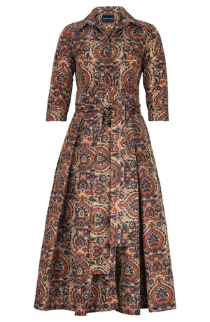 Audrey Dress #7 Shirt Collar 3/4 Sleeve Midi Plus Length Poliamide Taffta (Pakistan Batik)