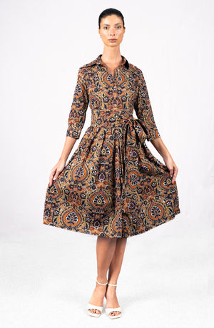 Audrey Dress #1 Shirt Collar 3/4 Sleeve Long Length Cotton Stretch (Pakistan Batik)