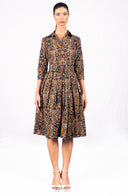 Audrey Dress #1 Shirt Collar 3/4 Sleeve Long Length Cotton Stretch (Pakistan Batik)