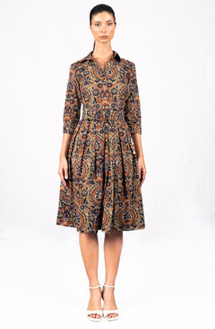 Audrey Dress #1 Shirt Collar 3/4 Sleeve Long Length Cotton Stretch (Pakistan Batik)