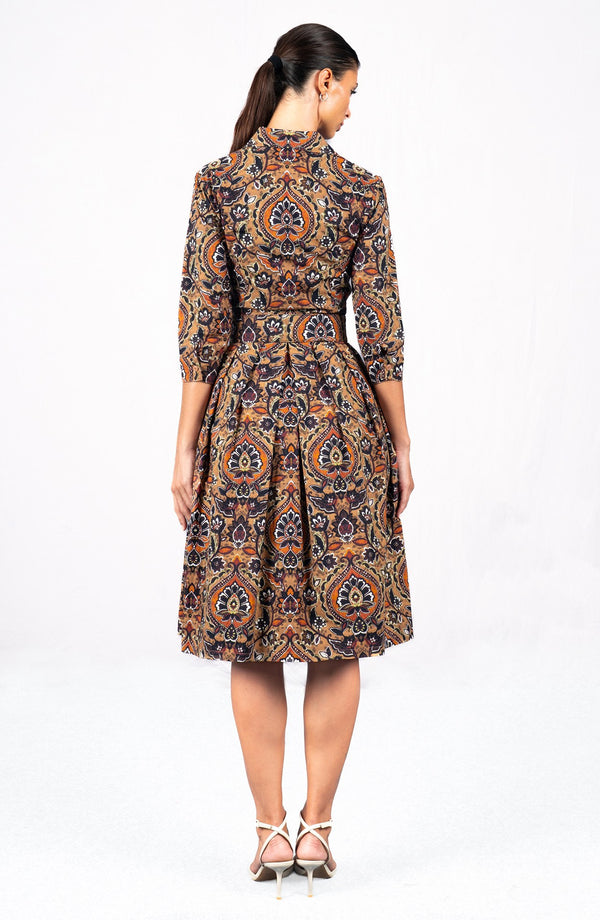 Audrey Dress #1 Shirt Collar 3/4 Sleeve Long Length Cotton Stretch (Pakistan Batik)