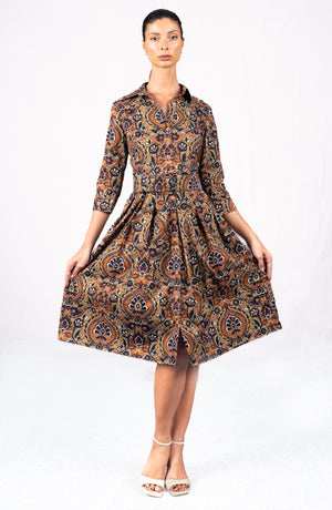 Audrey Dress #1 Shirt Collar 3/4 Sleeve Long Length Cotton Stretch (Pakistan Batik)