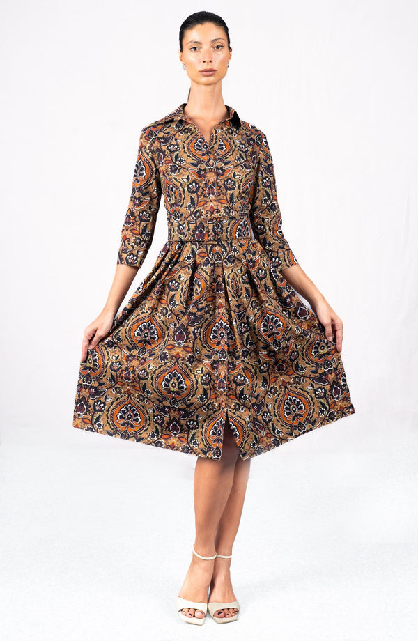Audrey Dress #1 Shirt Collar 3/4 Sleeve Long Length Cotton Stretch (Pakistan Batik)