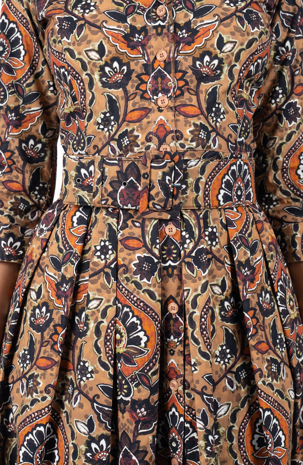 Audrey Dress #1 Shirt Collar 3/4 Sleeve Long Length Cotton Stretch (Pakistan Batik)