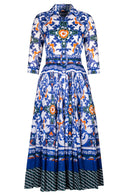 Aster Dress Shirt Collar 3/4 Sleeve Midi Plus Length Cotton Musola (Palazzo Mosaic)